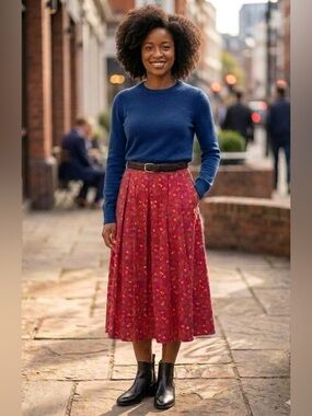 Vintage Geiger Floral Pleated Linen Blend Midi Skirt with Pockets, Sz 44 (US 12)